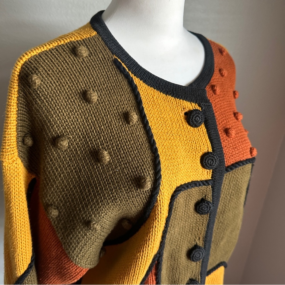Vintage RTR Colorblock Popcorn Knit Cardigan Gold Mustard  Rust Olive M